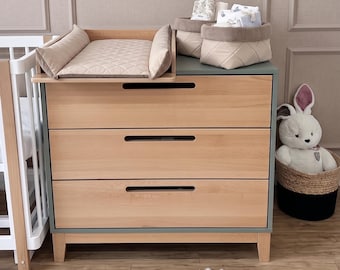Eucalyptus Nursery Dresser, Natural Wood Changing Table, Sage Green Baby Furniture, 3 Drawer Chest, Boho Nursery Decor, Removable Topper