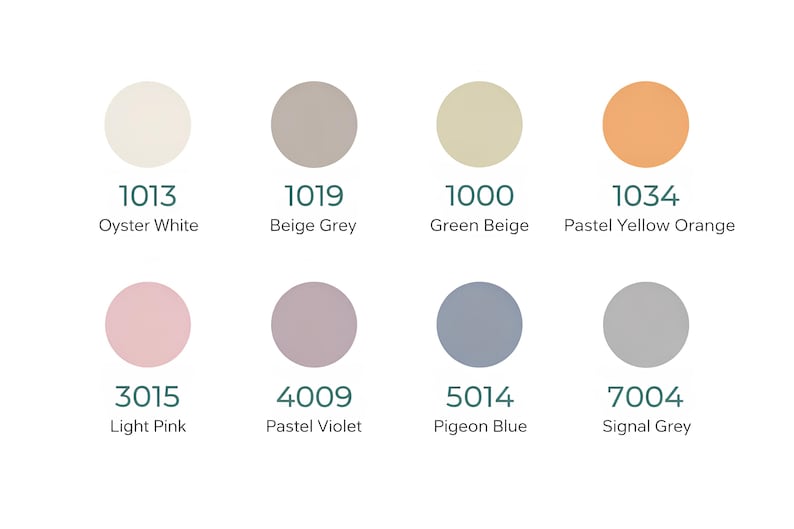 Puede incluir: Una paleta de colores con ocho muestras circulares. Los colores incluyen Oyster White, Beige Grey, Green Beige, Pastel Yellow Orange, Light Pink, Pastel Violet, Pigeon Blue y Signal Grey. Cada muestra tiene un n&uacute;mero y un nombre de color.