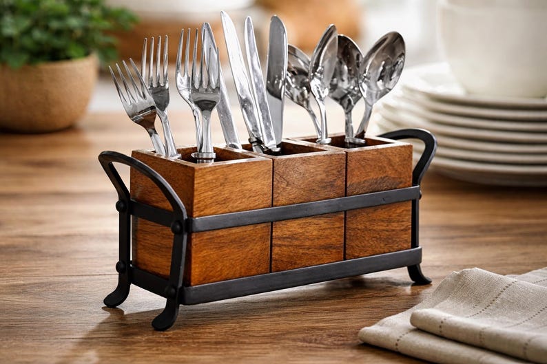 Puede incluir: Un soporte de cubiertos de madera con un marco de metal oscuro. El soporte est&aacute; dividido en seis compartimentos, cada uno con cubiertos. Se ven tenedores, cuchillos y cucharas. La madera tiene un acabado c&aacute;lido y natural.