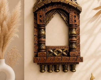 Mensola da parete in legno intagliato a mano / Portacandele in stile rustico boho indiano