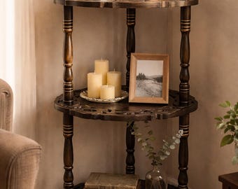 Estante esquinero de madera de tres niveles hecho a mano / Decoración india antigua