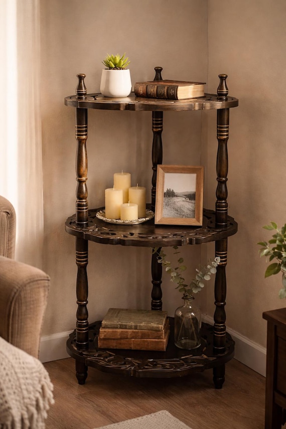 Handcrafted 3-Tier Wooden Corner Shelf | Antique Indian Decor