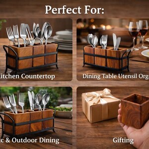 Puede incluir: Organizador de utensilios de madera con marco de metal negro, que contiene tenedores, cuchillos y cucharas. El organizador se muestra en una encimera de cocina, una mesa de comedor y un picnic. El texto "Perfect For:" est&aacute; en la parte superior.