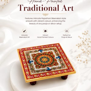 May include: A square, hand-painted wooden platform with four small feet, featuring a central floral motif in red, green, and yellow, surrounded by a border of white dots and embedded clear crystals on a red background with gold-toned edges.