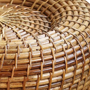 Peut inclure: Gros plan sur une chaise en rotin tress&eacute; de forme arrondie. Le mat&eacute;riau brun naturel est &eacute;troitement tiss&eacute; selon un motif de tissage en panier, cr&eacute;ant une surface textur&eacute;e. Le design de la chaise pr&eacute;sente un motif en spirale au centre.