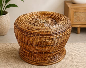 Handwoven Rattan Stool | Boho Bamboo Ottoman, Natural Cane Side Table