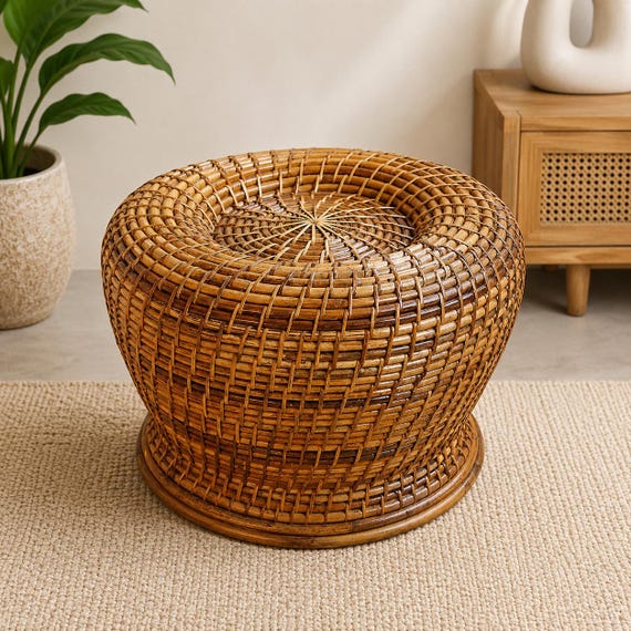 Handwoven Rattan Stool | Boho Bamboo Ottoman, Natural Cane Side Table