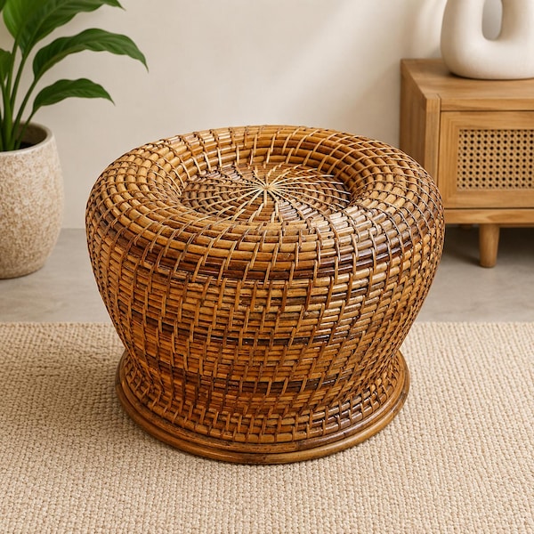 Handwoven Rattan Stool | Boho Bamboo Ottoman, Natural Cane Side Table
