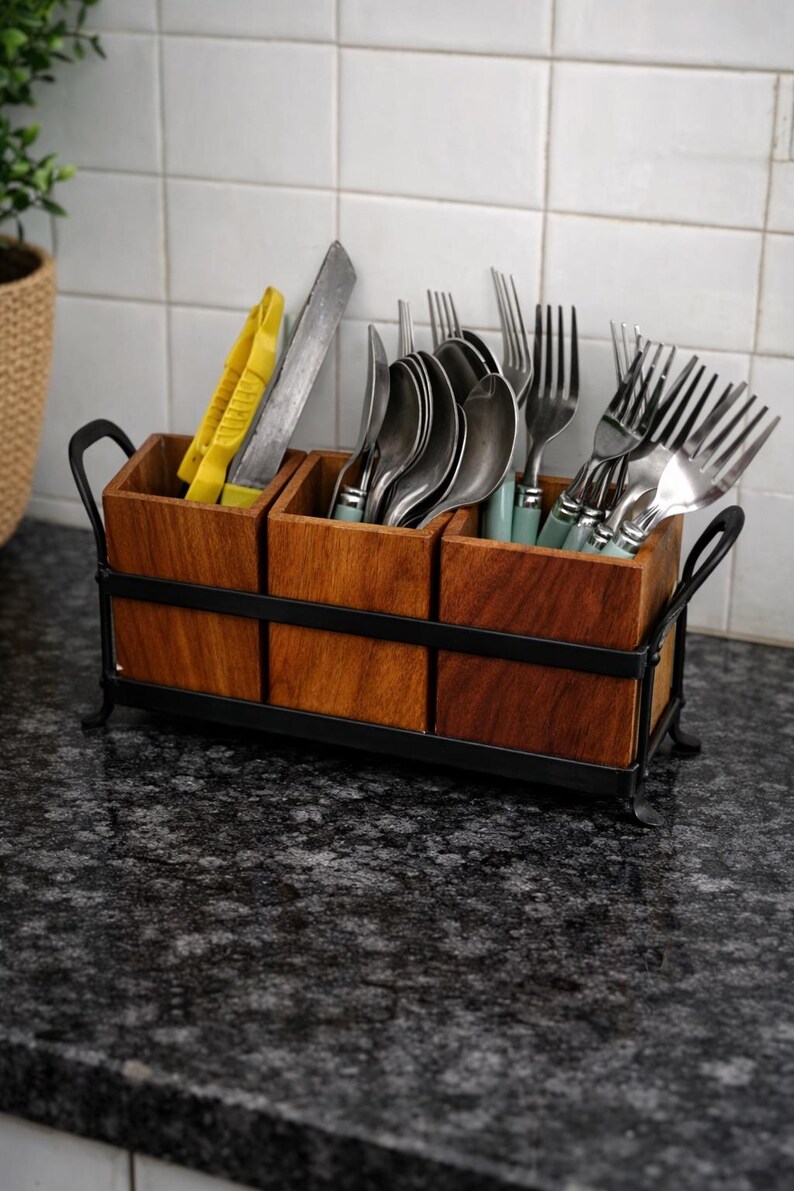Puede incluir: Un soporte de madera para utensilios con tres compartimentos, que contiene cubiertos, pinzas y un cuchillo. El soporte tiene un marco y asas de metal negro. Los cubiertos incluyen cucharas y tenedores. El soporte est&aacute; sobre una encimera oscura.