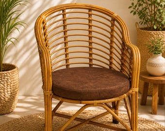 Handmade Rattan Armchair with Cushion | Boho Cane Wicker Living Room Furniture