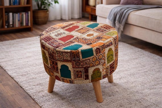 Handcrafted Round Ottoman Footstool | Multicolor Boho Upholstery, Solid Wood Legs