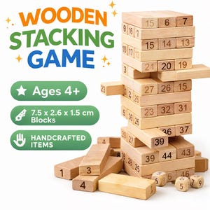 May include: Wooden stacking game with numbered blocks. The game includes a tower of rectangular blocks, some of which have been removed. The blocks measure 7.5 x 2.6 x 1.5 cm. The game is for ages 4+.