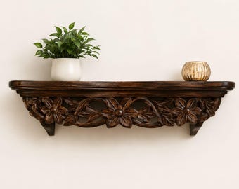 Estantería de madera maciza tallada a mano, decoración rústica floral de estilo granja, estilo bohemio.