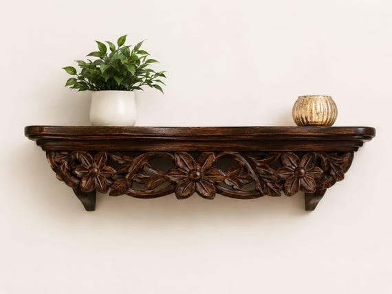 Hand Carved Solid Wood Shelf, Rustic Floral Farmhouse Decor, Boho Display