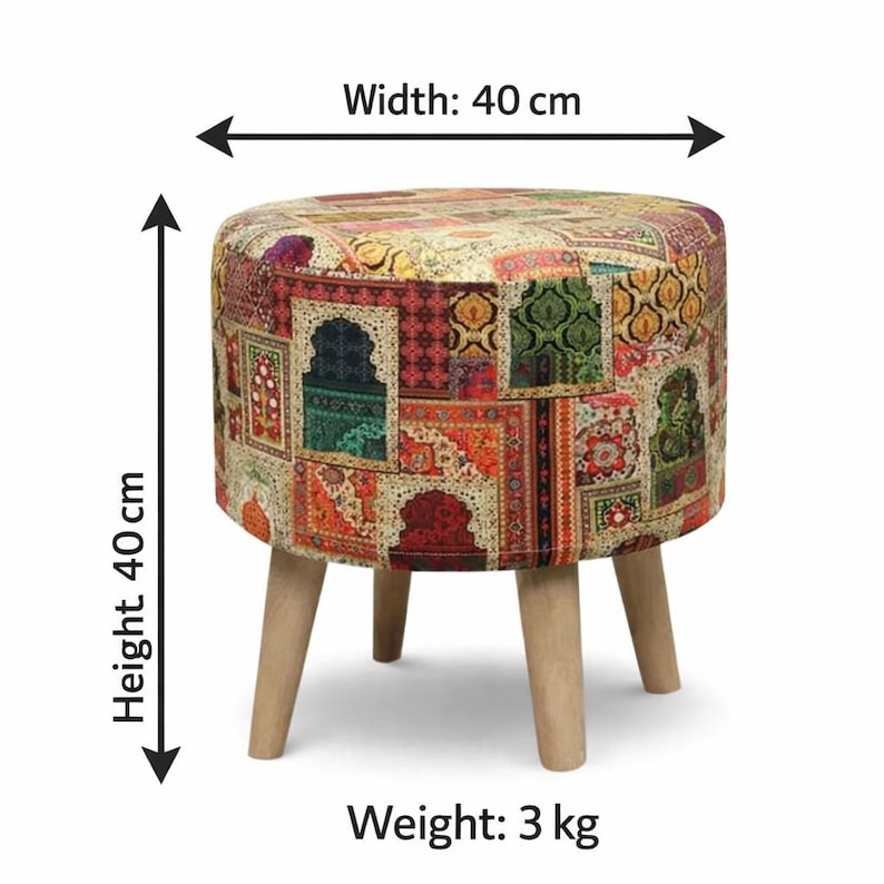 May include: A round ottoman with a patchwork design in shades of red, green, orange, and yellow. The ottoman is 16 inches high and 16 inches wide, with wooden legs. It weighs 6.6 pounds.