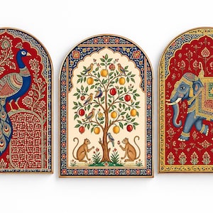 May include: Three arched wall art panels featuring detailed illustrations. The left panel shows a blue peacock on a red background. The center panel depicts a fruit tree with birds and monkeys on a cream background. The right panel shows a decorated elephant on a red background.
