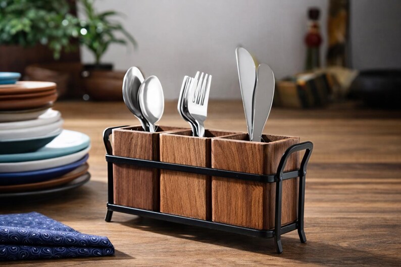 Puede incluir: Un portacubiertos de madera con marco de metal negro, que contiene cubiertos. El soporte tiene tres compartimentos y est&aacute; hecho de madera oscura. Se ven cucharas, tenedores y cuchillos plateados. Est&aacute; sobre una mesa de madera.