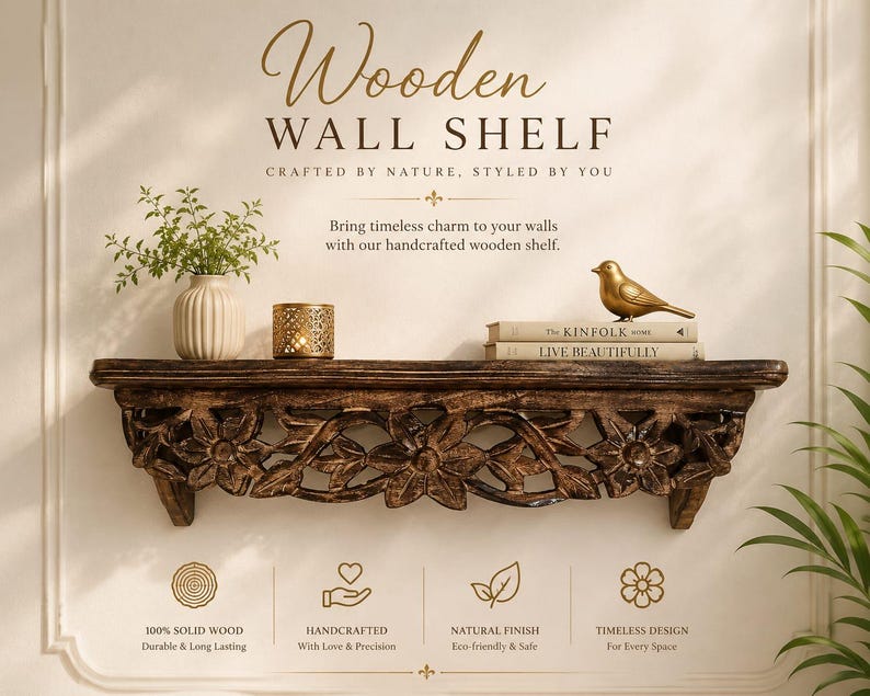 May include: A dark brown wooden wall shelf featuring intricate floral carvings along the front edge. The shelf holds a cream-colored vase with greenery, a gold metallic candle holder, two stacked books, and a small gold bird figurine.