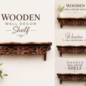 Hand Carved Solid Wood Shelf, Rustic Floral Farmhouse Decor, Boho Display image 3