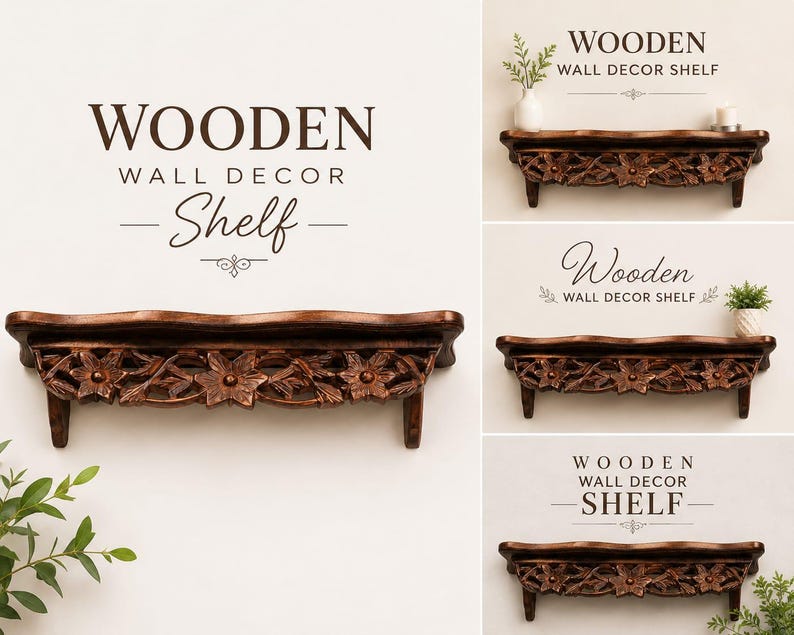 Hand Carved Solid Wood Shelf, Rustic Floral Farmhouse Decor, Boho Display image 3