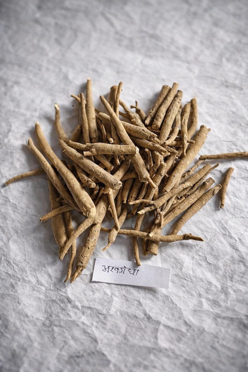 Puede incluir: Un mont&oacute;n de ra&iacute;ces secas de ashwagandha, de color marr&oacute;n claro, sobre una superficie texturizada blanquecina. Una peque&ntilde;a etiqueta blanca con escritura es visible. Las ra&iacute;ces son de diferentes longitudes y grosores.