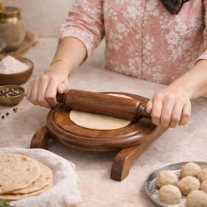 Puede incluir: Un rodillo y una tabla de madera se utilizan para aplanar la masa. Una persona est&aacute; extendiendo una masa redonda sobre una tabla de madera. Otros ingredientes y panes planos preparados est&aacute;n cerca. La escena sugiere la preparaci&oacute;n de pan plano casero.
