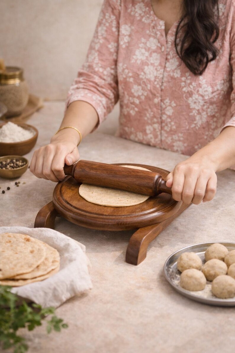 Puede incluir: Un rodillo y una tabla de madera se utilizan para aplanar la masa. Una persona est&aacute; extendiendo una masa redonda sobre una tabla de madera. Otros ingredientes y panes planos preparados est&aacute;n cerca. La escena sugiere la preparaci&oacute;n de pan plano casero.