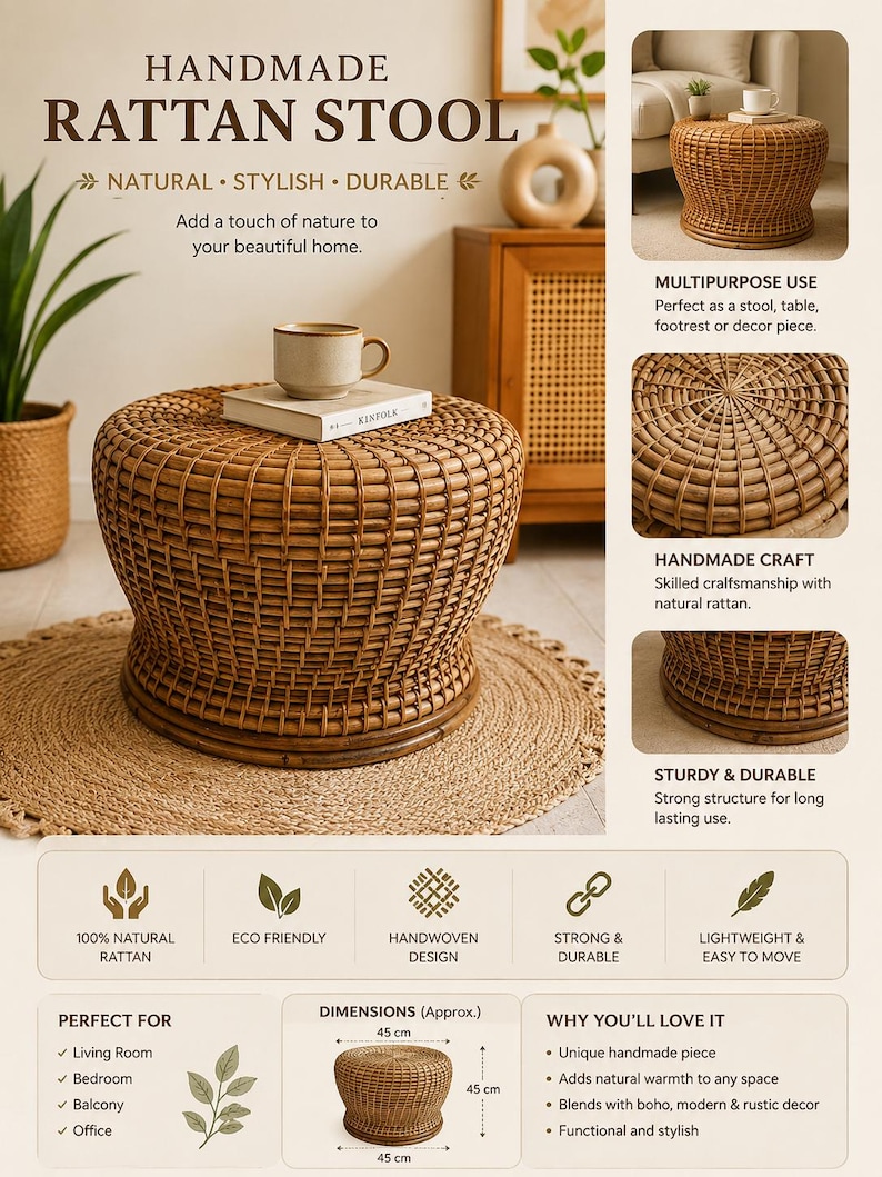 Peut inclure: Tabouret en rotin fait &agrave; la main, un accent naturel et &eacute;l&eacute;gant pour tout espace. Ce tabouret tiss&eacute; &agrave; la main et respectueux de l'environnement mesure 45 cm de diam&egrave;tre et de hauteur. Solide, durable, id&eacute;al pour salons, chambres, balcons ou bureaux.