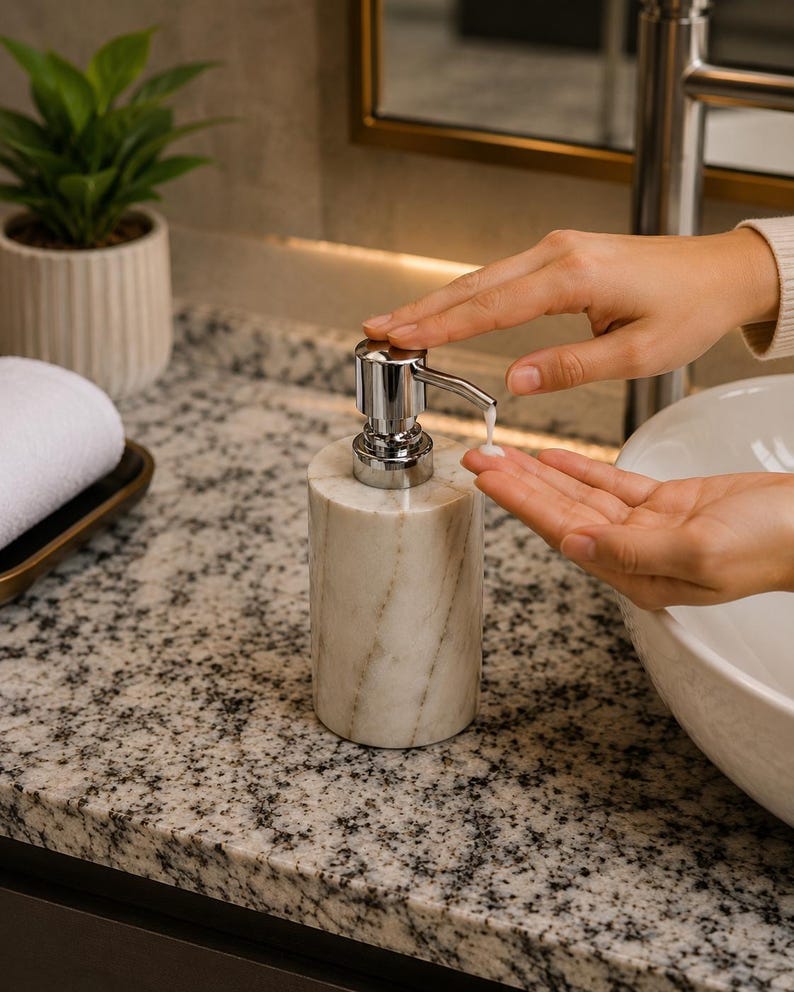 May include: A cylindrical soap dispenser crafted from white marble with grey veining, featuring a polished chrome pump mechanism at the top. The dispenser is designed for liquid soap and provides a smooth, functional aesthetic for a bathroom vanity.