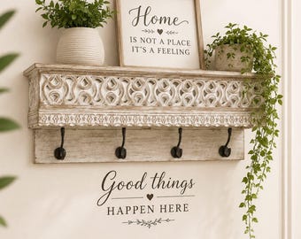 Hand-Carved Wooden Wall Shelf with Hooks | Rustic Farmhouse Entryway Organizer