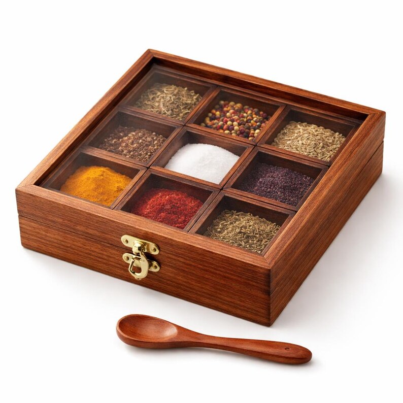 May include: A wooden spice box with nine compartments, each filled with different spices. The box has a clear lid and a brass clasp. A small wooden spoon rests in front of the box. The spices include red, yellow, and brown varieties.