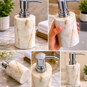 May include: A cylindrical soap dispenser made of white marble with tan veining and a polished chrome pump mechanism. The dispenser measures 16.5 cm in height and 7.5 cm in diameter as indicated by the visible measurement markings in the image.