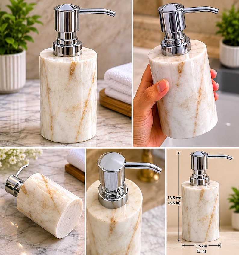 May include: A cylindrical soap dispenser made of white marble with tan veining and a polished chrome pump mechanism. The dispenser measures 16.5 cm in height and 7.5 cm in diameter as indicated by the visible measurement markings in the image.