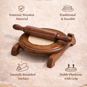 Puede incluir: Un juego de chakla belan de madera, con un rodillo y una plataforma redonda, ideal para hacer roti, puri y chapati. La imagen destaca los beneficios: material no t&oacute;xico, dise&ntilde;o tradicional, superficie lisa y plataforma estable.