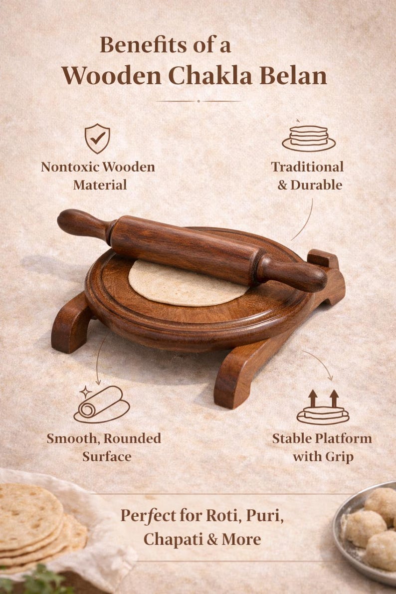 Puede incluir: Un juego de chakla belan de madera, con un rodillo y una plataforma redonda, ideal para hacer roti, puri y chapati. La imagen destaca los beneficios: material no t&oacute;xico, dise&ntilde;o tradicional, superficie lisa y plataforma estable.