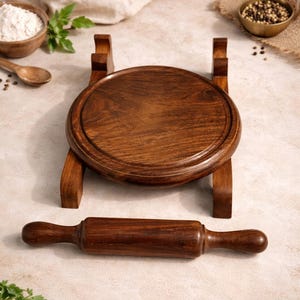 Puede incluir: Un rodillo de madera y una tabla de cortar redonda de madera con un borde elevado se encuentran sobre una superficie de color claro. La tabla de cortar est&aacute; soportada por un soporte de madera. Un cuenco de harina y un cuenco de granos de pimienta est&aacute;n en el fondo.