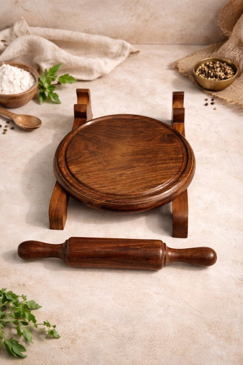 Puede incluir: Un rodillo de madera y una tabla de cortar redonda de madera con un borde elevado se encuentran sobre una superficie de color claro. La tabla de cortar est&aacute; soportada por un soporte de madera. Un cuenco de harina y un cuenco de granos de pimienta est&aacute;n en el fondo.