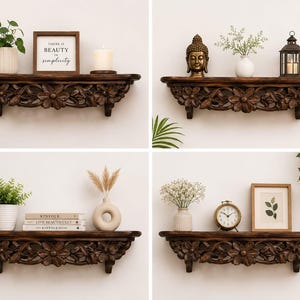 May include: A dark brown wooden wall shelf featuring intricate hand-carved floral patterns along the front edge. The shelf is displayed in four different arrangements, holding various decorative items including plants, candles, books, and frames.