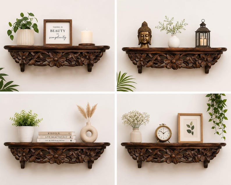 May include: A dark brown wooden wall shelf featuring intricate hand-carved floral patterns along the front edge. The shelf is displayed in four different arrangements, holding various decorative items including plants, candles, books, and frames.