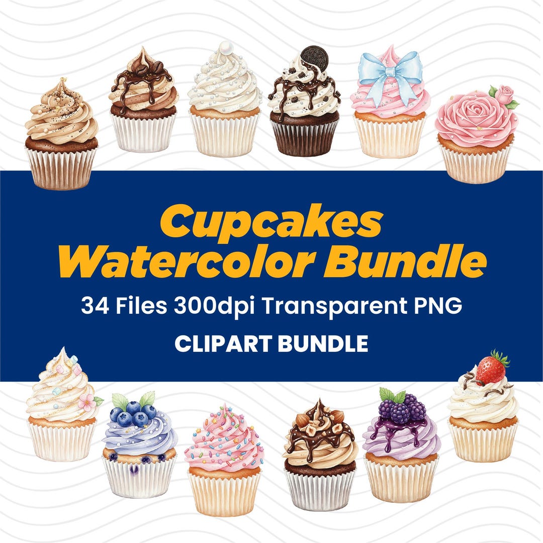 Watercolor Cupcake Clipart Bundle, Dessert PNG Set (digital Download ...