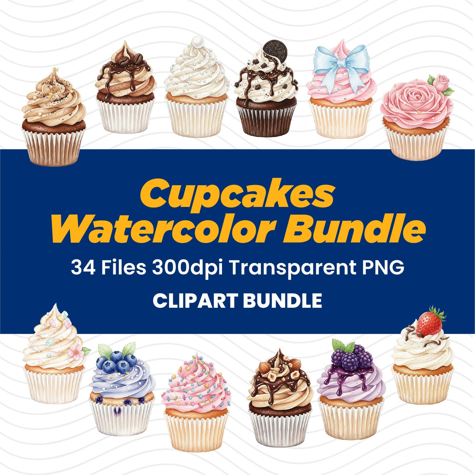 Watercolor Cupcake Clipart Bundle, Dessert PNG Set (digital Download ...