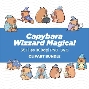 Paquete de imágenes prediseñadas de mago capibara, SVG de animal mágico, PNG de fantasía de Halloween (55 archivos)