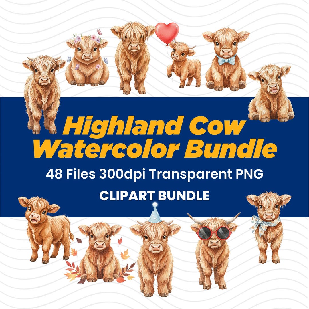 Highland Cow Watercolor Clipart, Farm Animal PNG Bundle (digital ...