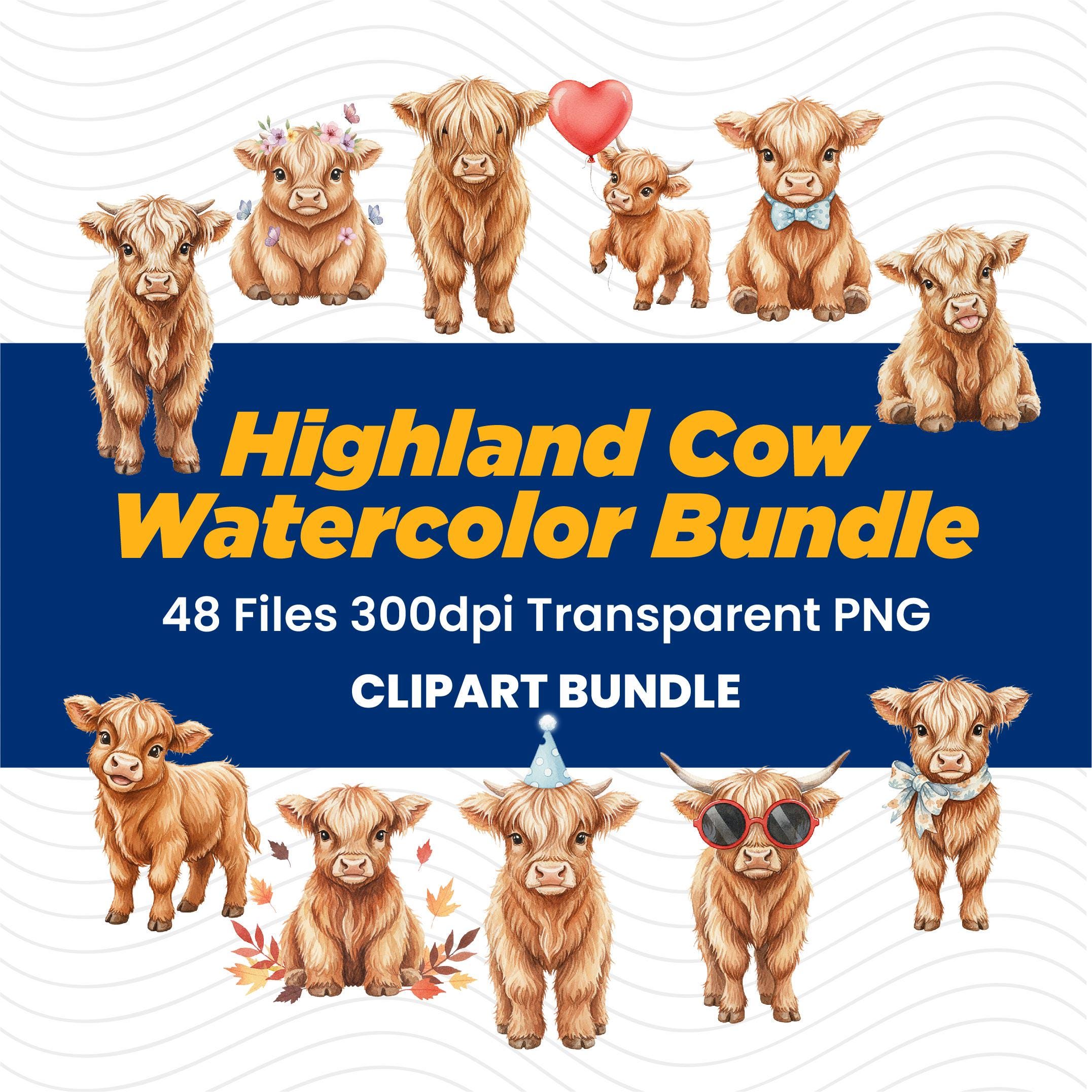 Highland Cow Watercolor Clipart, Farm Animal PNG Bundle (digital ...