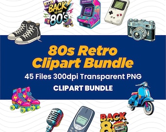 80s Retro PNG Clipart Bundle, Transparent Background (Digital Download)