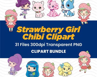 Strawberry Girl-chibi-personagebundel, kawaii kinderillustratieset, transparante digitale download