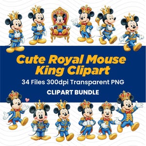 Puede incluir: Un conjunto de imágenes prediseñadas digitales con personajes de ratones de dibujos animados vestidos como realeza. Los personajes llevan coronas y trajes azules y dorados. La imagen incluye el texto "Cute Royal Mouse King Clipart" y detalles del archivo.