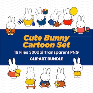 May include: A set of cartoon bunny illustrations. The bunnies are white with black eyes and dressed in various outfits. The image features the text "Cute Bunny Cartoon Set" and "CLIPART BUNDLE".