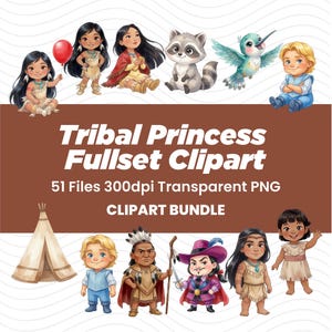 Tribal Princess Clipart Bundle, Watercolor Native Girl PNG, Forest Nursery Decor (51 Files)