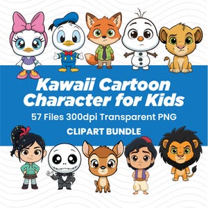 Puede incluir: Una colección de personajes de dibujos animados kawaii para niños, que incluye un pato con un lazo, un pato con traje de marinero, un zorro, un muñeco de nieve, un cachorro de león, una niña con cola de caballo, un esqueleto, un ciervo, un niño con turbante y un león. La imagen incluye el texto "Kawaii Cartoon Character for Kids".